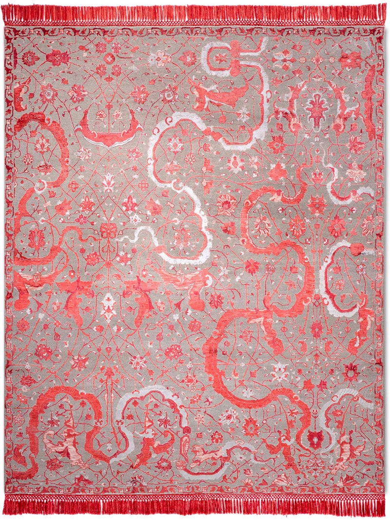 Tabriz Red Hand-Knotted Wool / Silk Rug ☞ Size: 183 x 274 cm