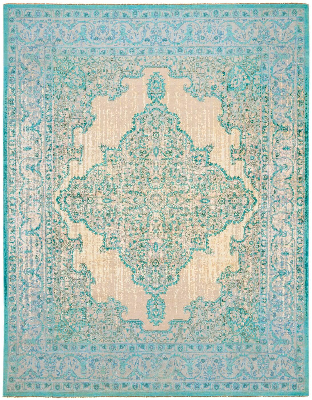 Tabriz Hand Knotted Aqua Blue Luxury Rug