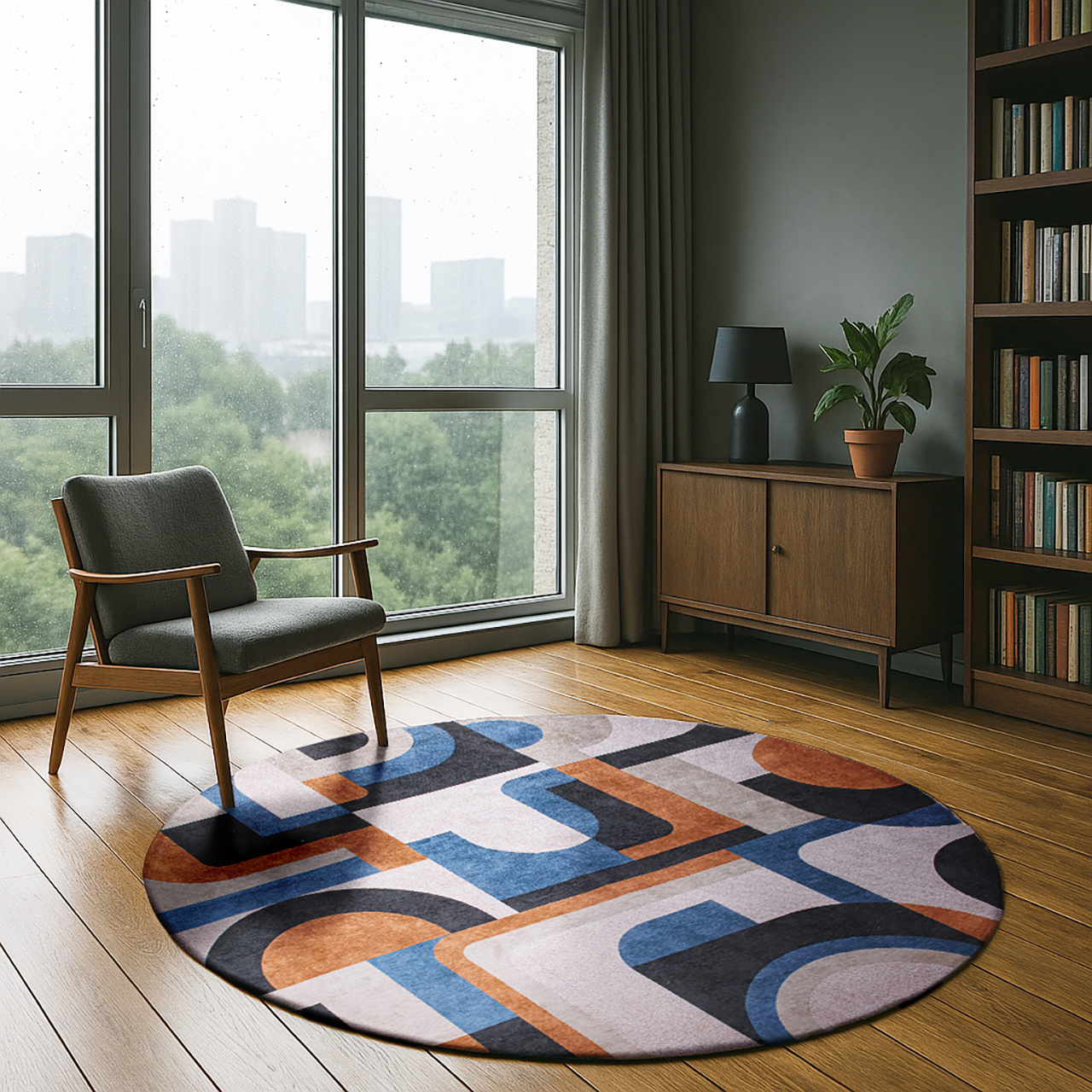 Camel Tan with Blue Motif Round Rug | Size: Ø 240 cm