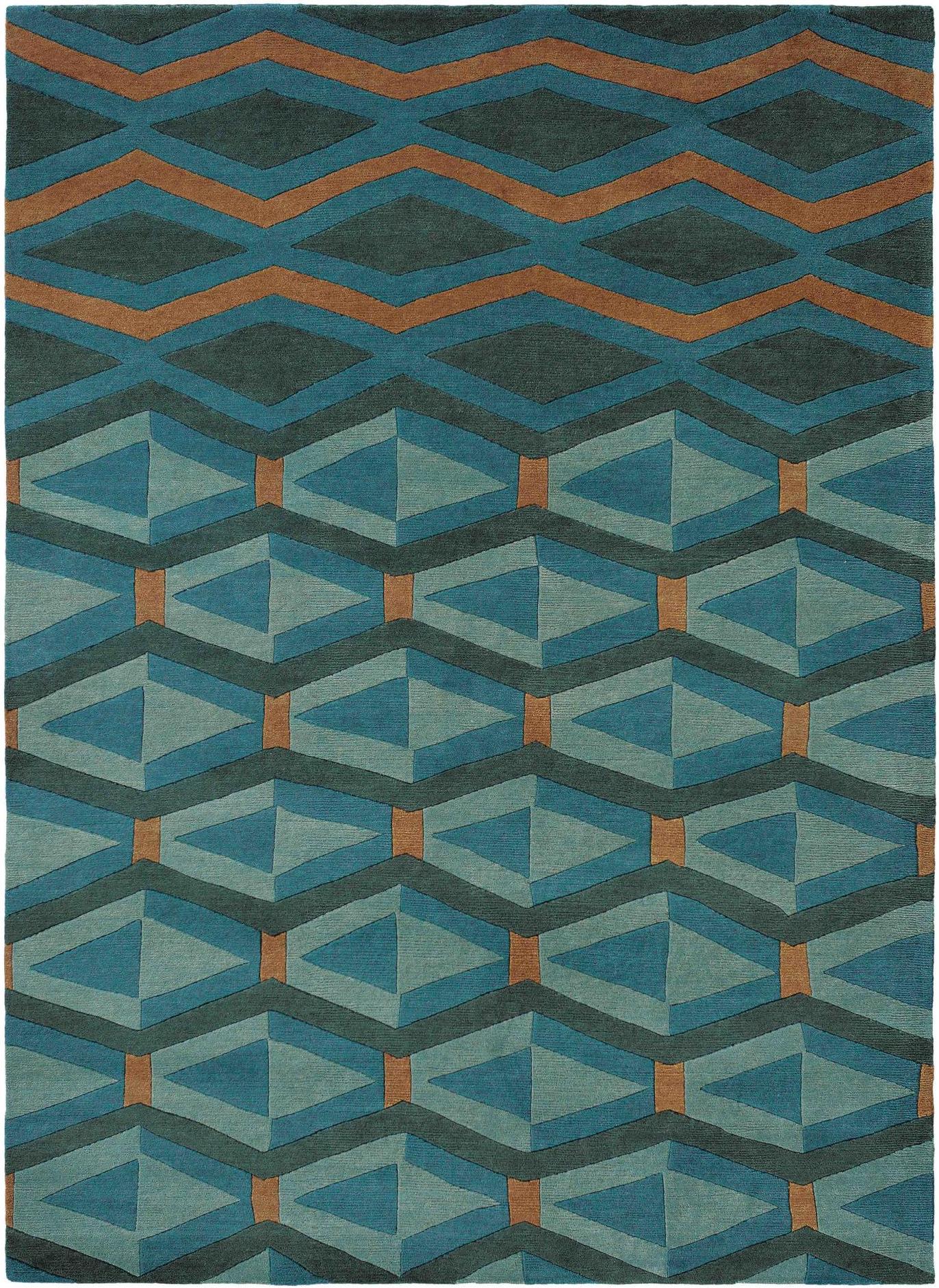 Hand-Knotted Green Geometric Rug