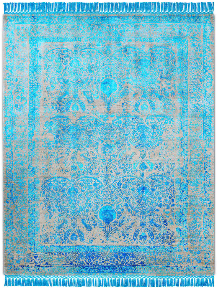 Electric Blue Hand-Knotted Wool / Silk Rug ☞ Size: 183 x 274 cm