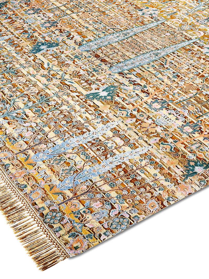 Pine Garden Gold Hand-Knotted Wool / Silk Rug ☞ Size: 250 x 300 cm