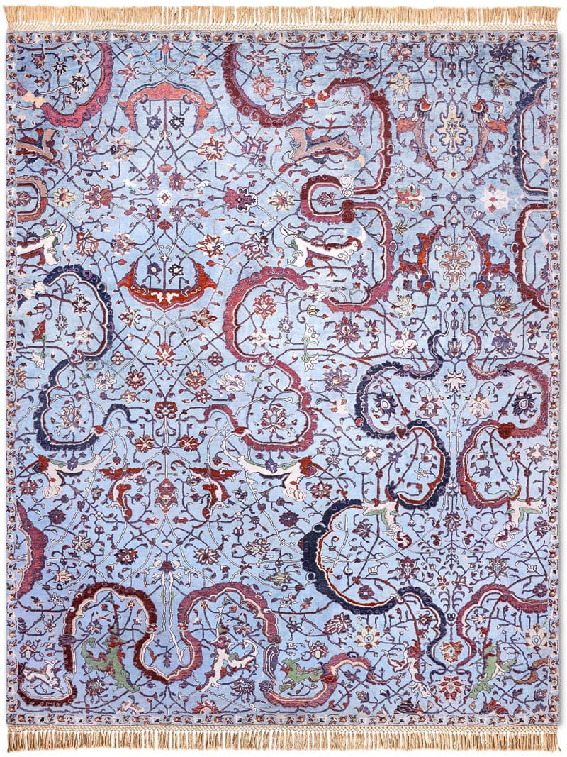 Tabriz Light Blue Hand-Knotted Wool / Silk Rug ☞ Size: 140 x 210 cm