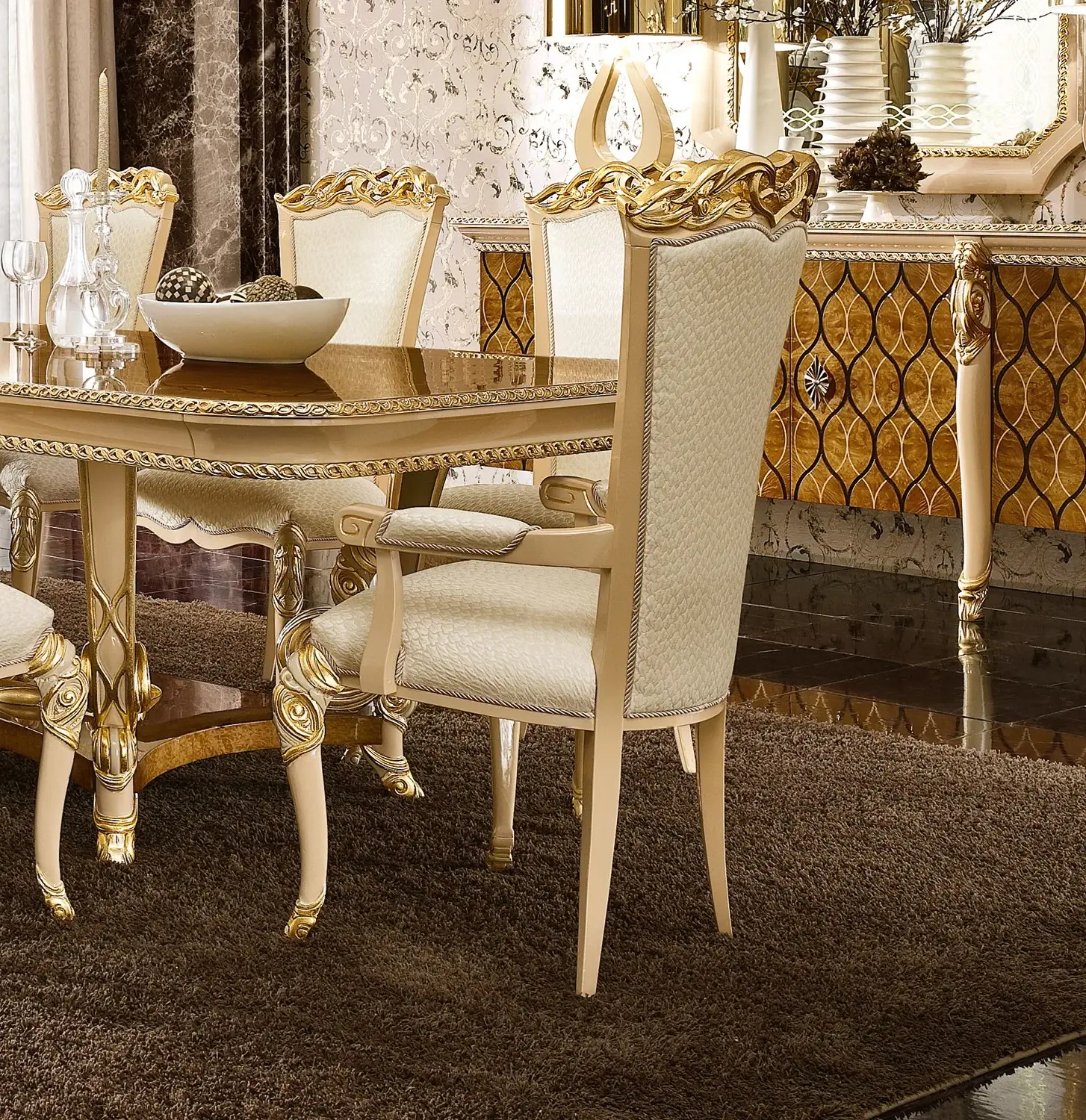 Ivory/Gold Italian Chair with Armrests