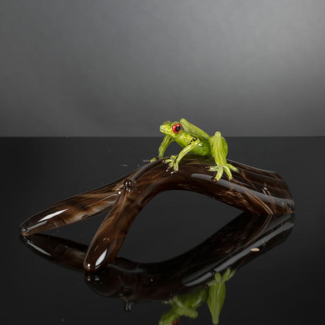 Glass Frog on Branch Artisan Figurine