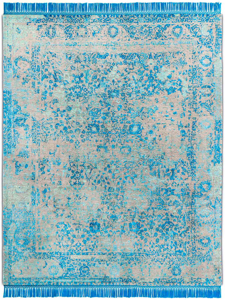 Electric Blue Hand-Knotted Wool / Silk Rug ☞ Size: 122 x 183 cm