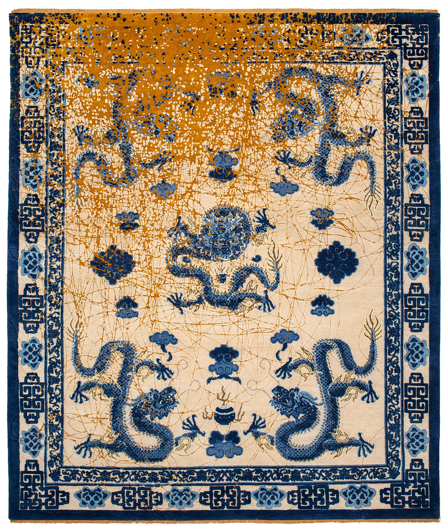 Dragon Gold & Blue Luxury Rug ☞ Size: 300 x 400 cm