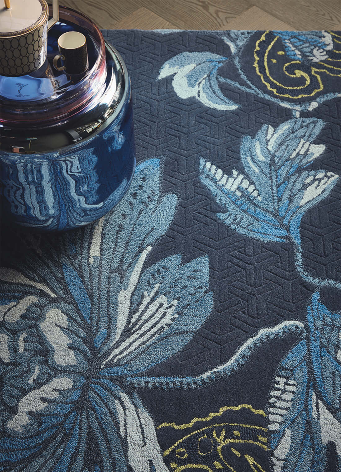 Floral Blue Wool / Viscose Hand Made Rug