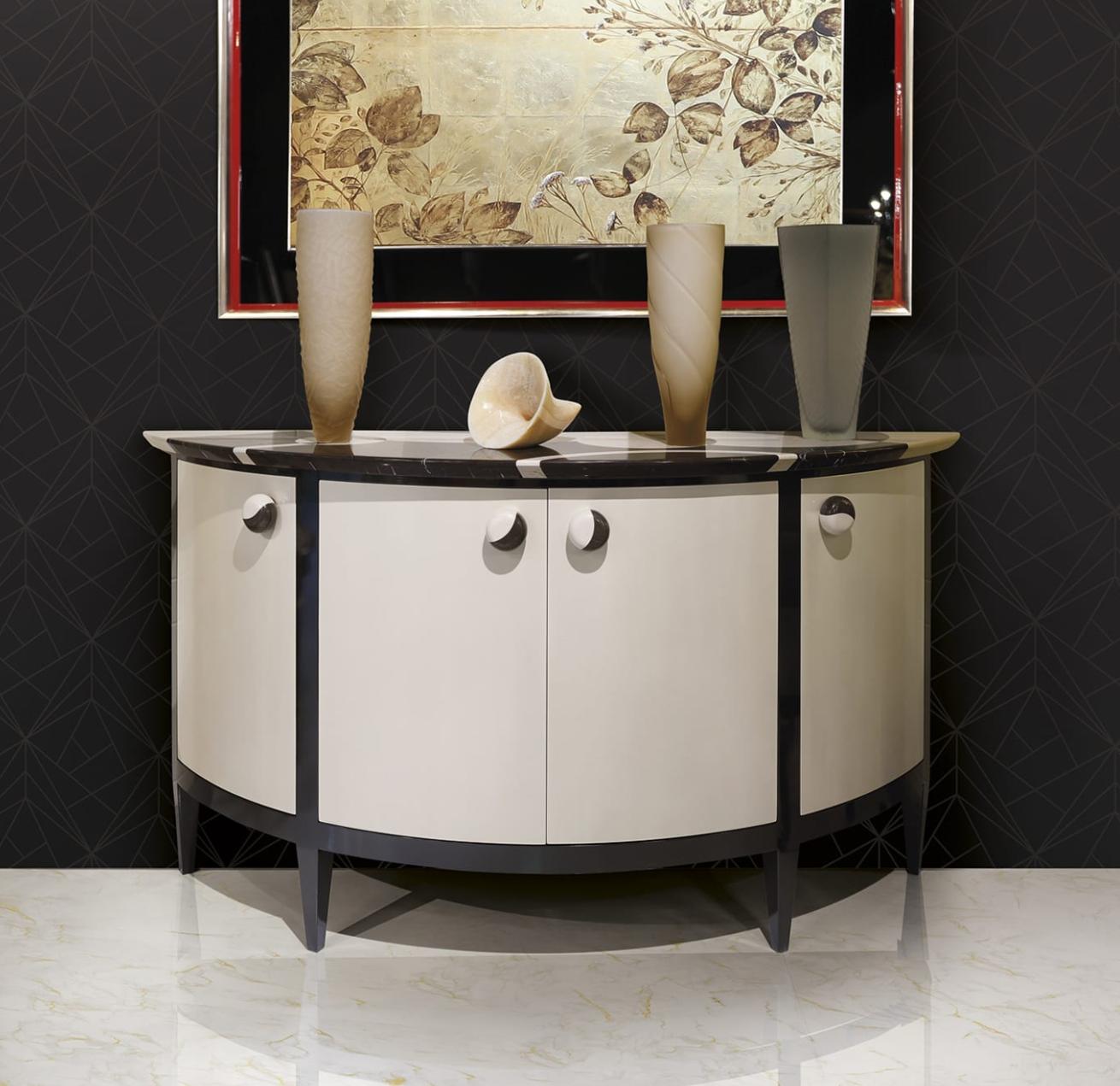 Marble-Top Curved Console with Lacquered Base