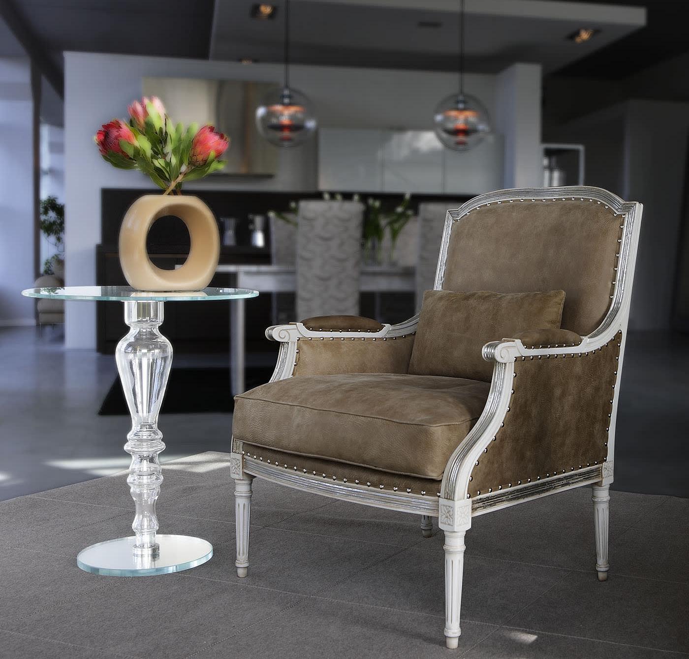 Italian Gray Leather Upholstered Armchair