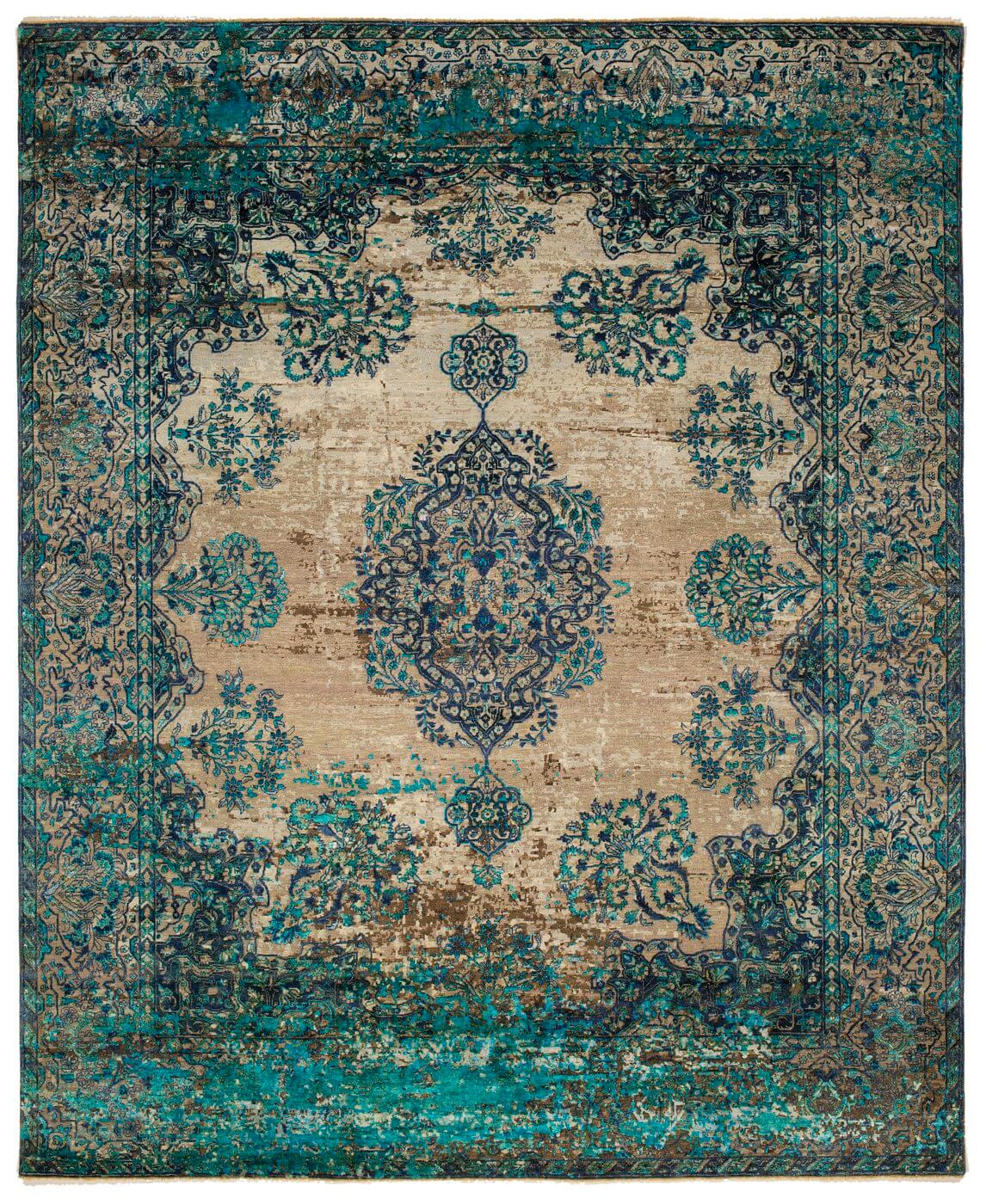 Grey Blue Hand Knotted Vintage Style Luxury Rug