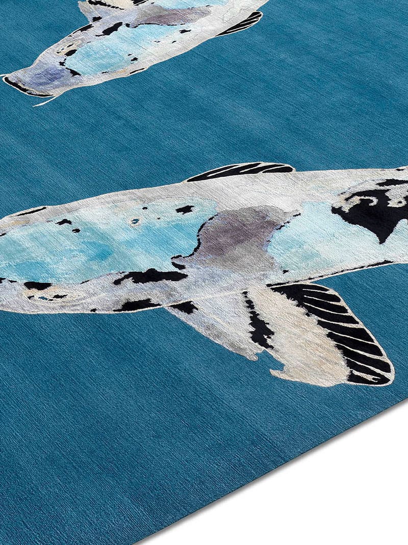 Fish Blue on Turquoise Luxury Hand-Woven Rug