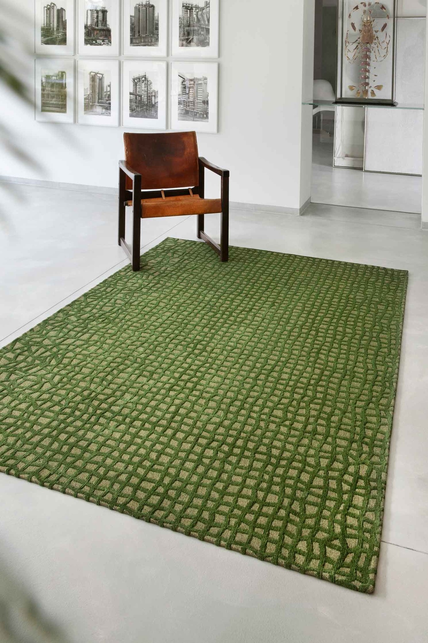 Green Checkered Belgian Flatwoven Rug ☞ Size: 200 x 280 cm