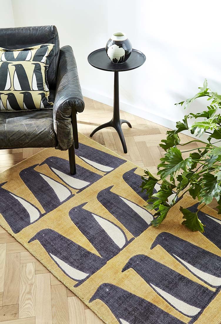 Penguins Yellow Handwoven Rug ☞ Size: 140 x 200 cm