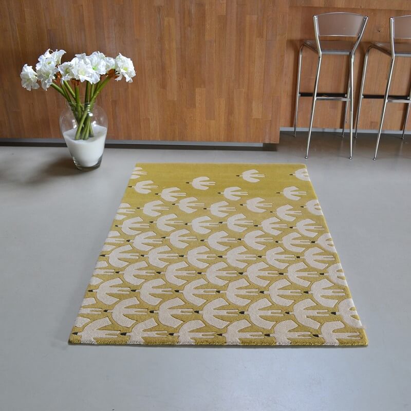 Birds Ochre Hand-Tufted Rug ☞ Size: 90 x 150 cm