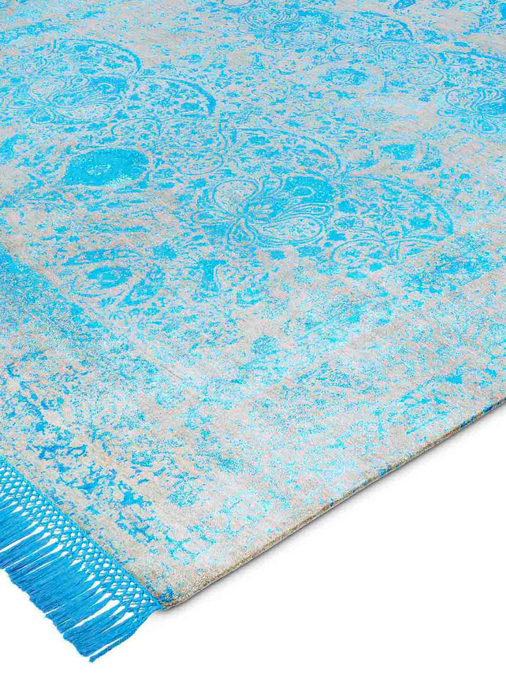 Electric Blue Hand-Knotted Wool / Silk Rug ☞ Size: 183 x 274 cm