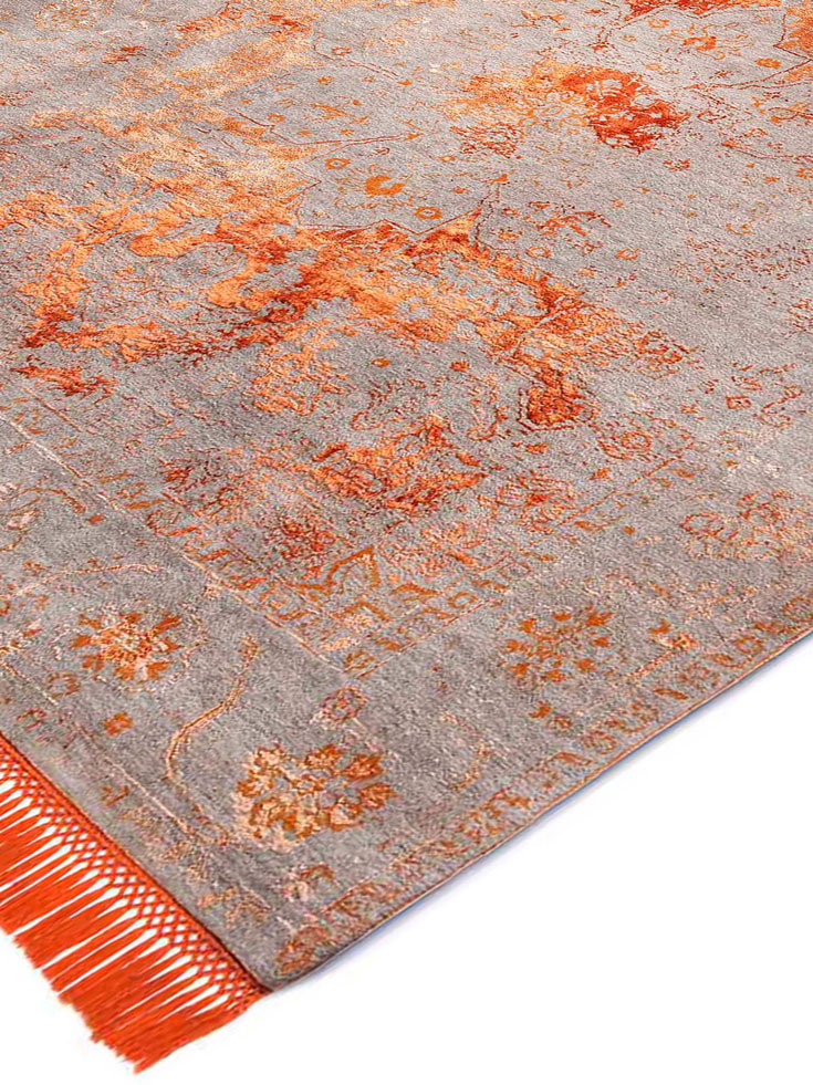 Copper Orange Hand-Knotted Wool / Silk Rug ☞ Size: 274 x 365 cm