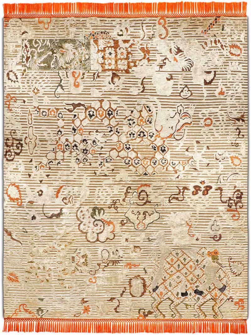 Dragon Orange / Beige Silk / Wool Rug
