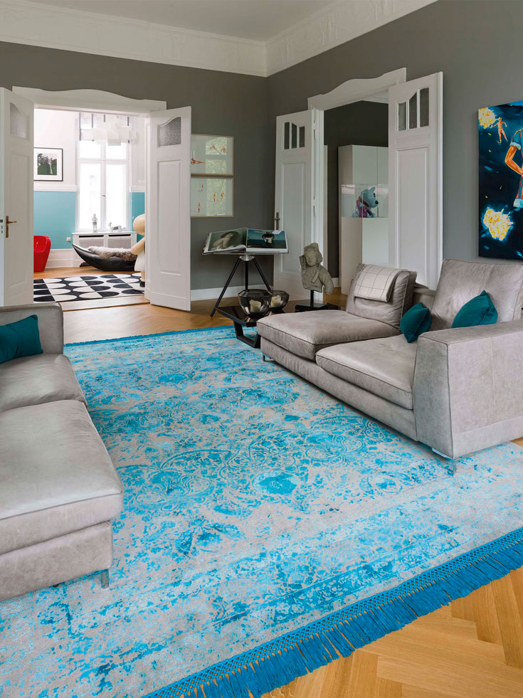 Electric Blue Hand-Knotted Wool / Silk Rug