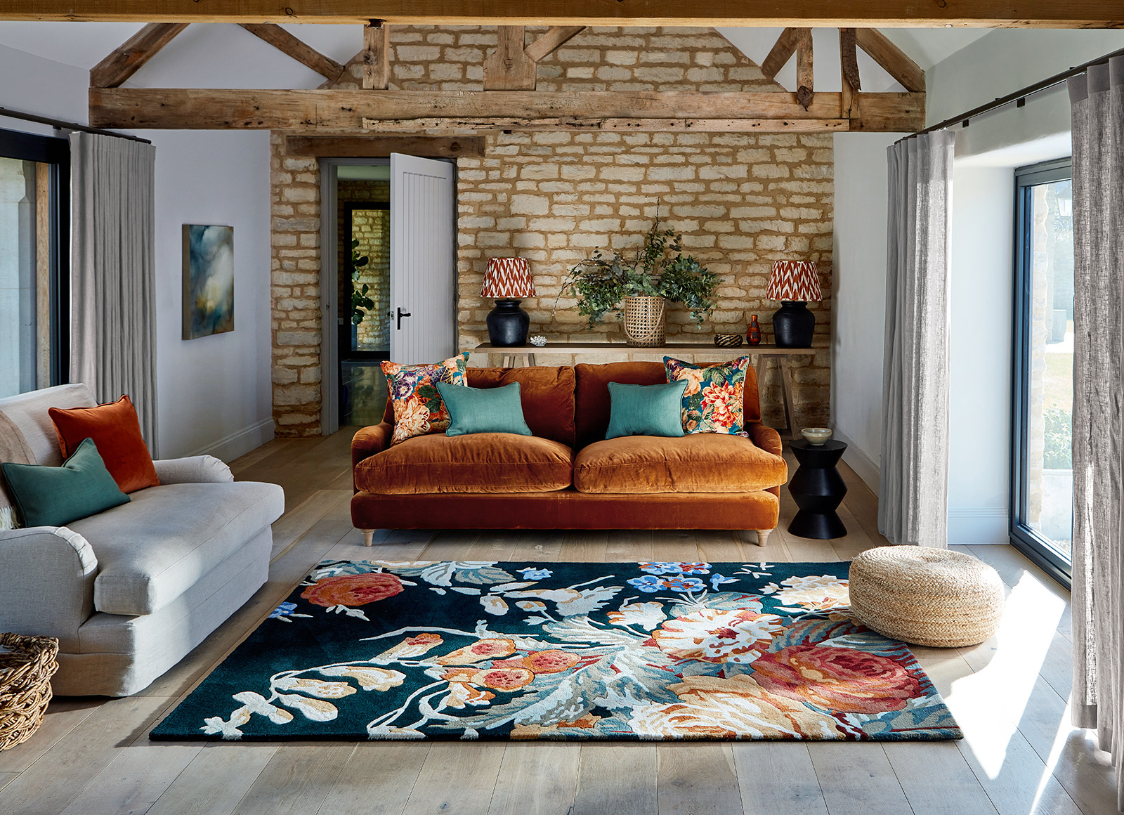 Flowers Navy / Orange Wool Rug | Size: 200 x 280 cm
