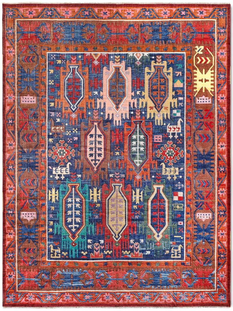 Flatweave Blue / Red Luxury 100% Wool Rug | Size: 305 x 427 cm