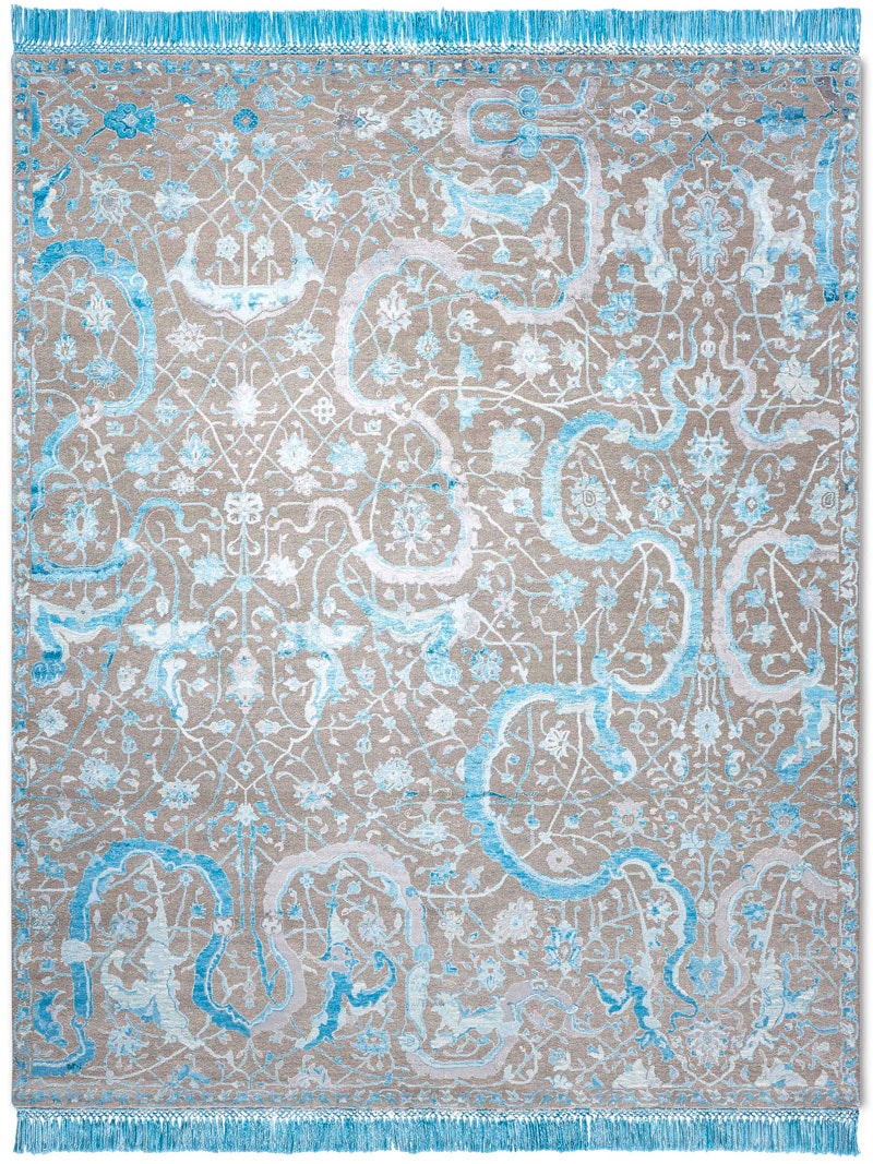 Tabriz Blue Hand-Knotted Wool / Silk Rug ☞ Size: 305 x 427 cm