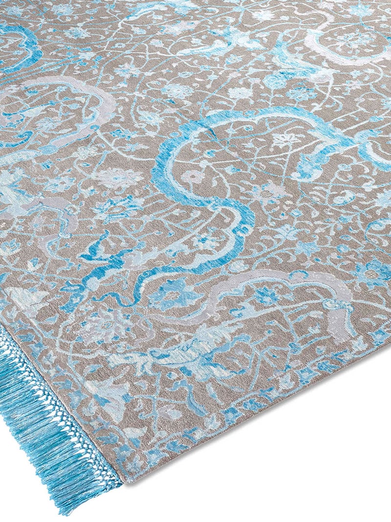 Tabriz Blue Hand-Knotted Wool / Silk Rug ☞ Size: 183 x 274 cm