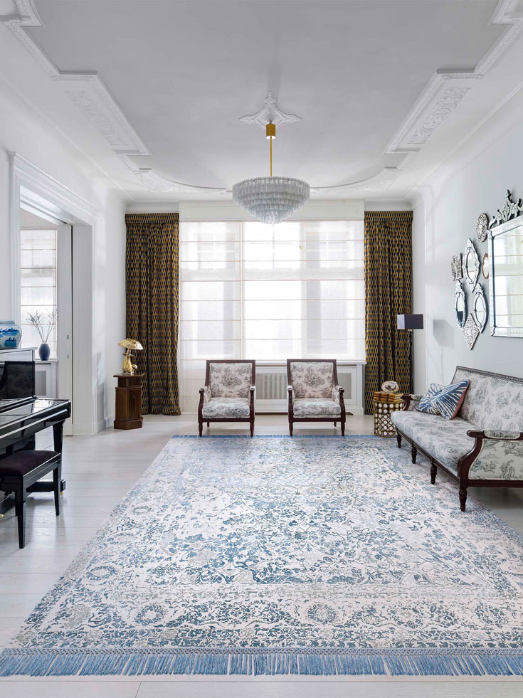 Light Blue Hand-Knotted Wool / Silk Rug