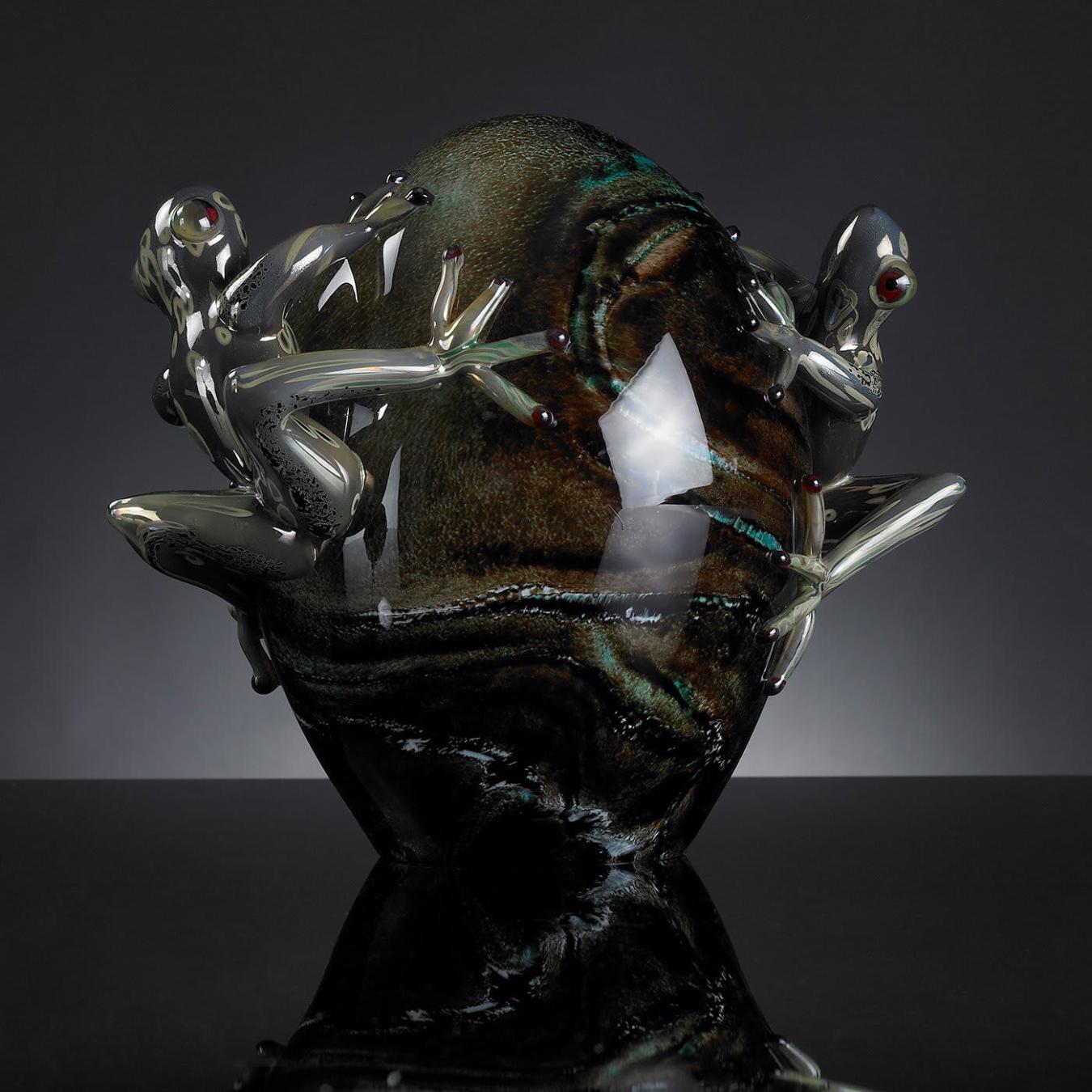 Glass Egg with Frogs Artisan Figurine
