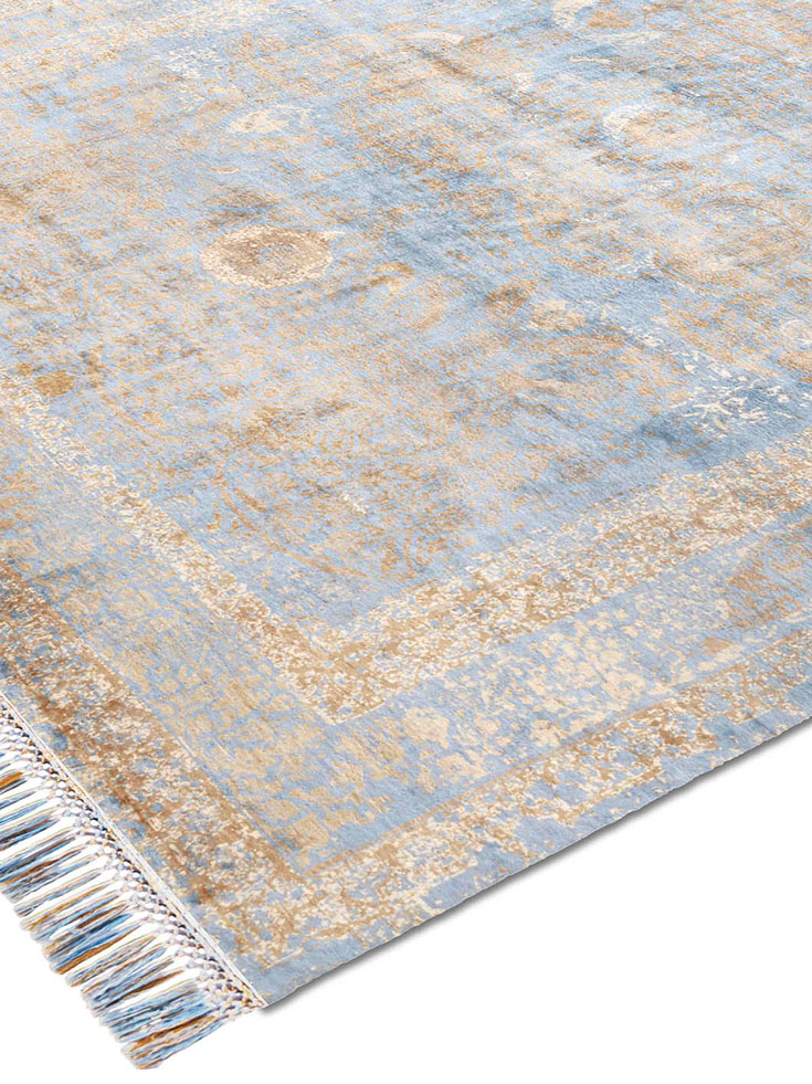 Gold / Blue Hand-Knotted Silk Rug ☞ Size: 274 x 365 cm