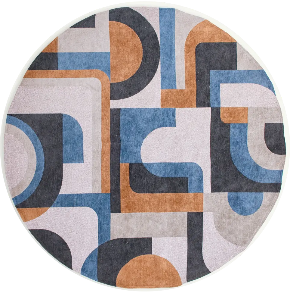 Camel Tan with Blue Motif Round Rug | Size: Ø 240 cm
