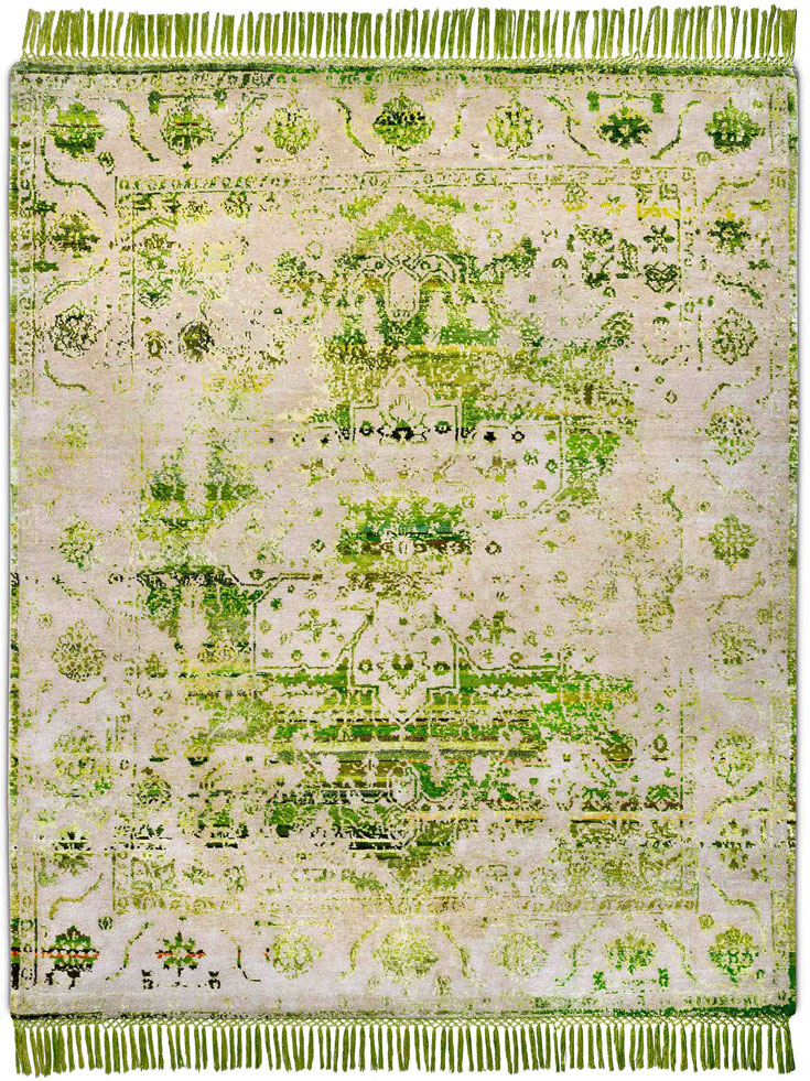Eco Green Hand-Knotted Wool / Silk Rug ☞ Size: 183 x 274 cm