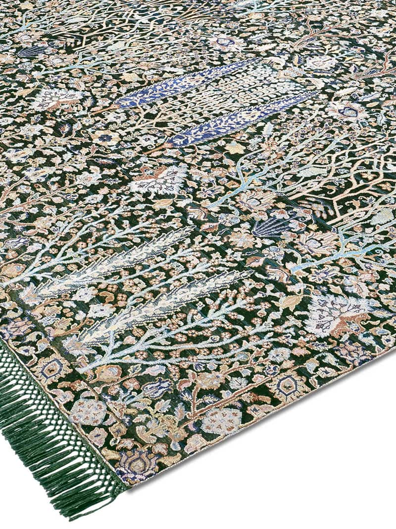 Pine Garden Green Hand-Knotted Wool / Silk Rug ☞ Size: 140 x 210 cm