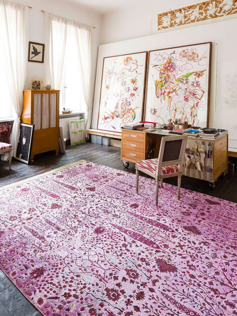 Pine Garden Pink Hand-Knotted Wool / Silk Rug