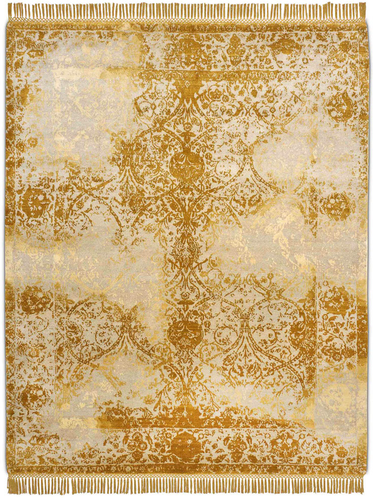 Gold Hand-Knotted Wool / Silk Rug ☞ Size: 183 x 274 cm