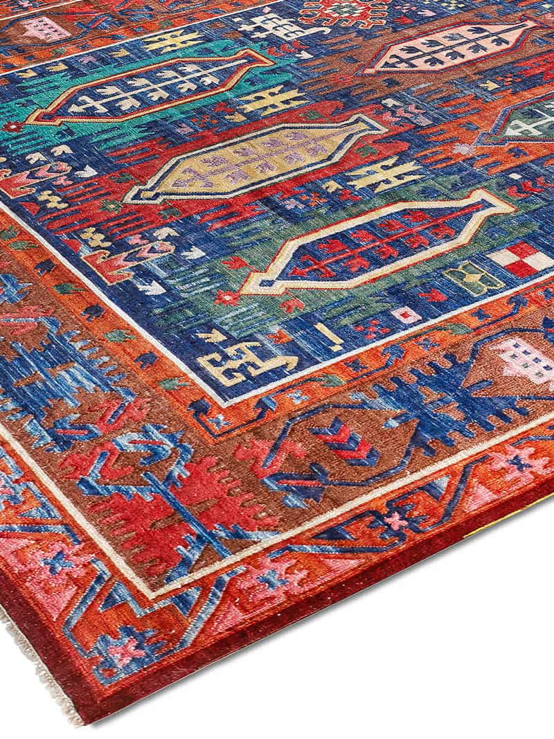 Flatweave Blue / Red Luxury 100% Wool Rug | Size: 305 x 427 cm