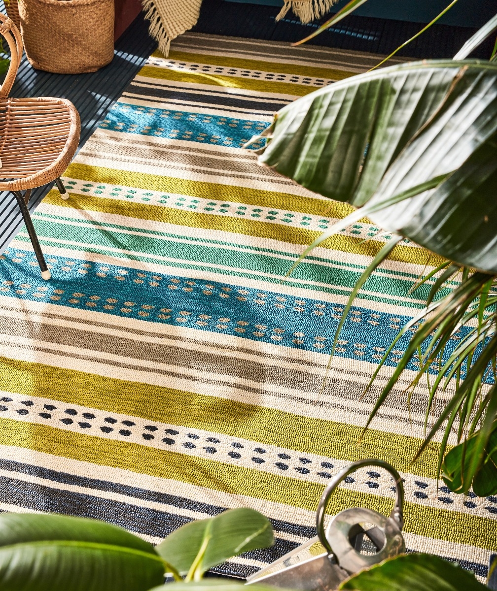 Stripes Green & Blue Outdoor Hand-Woven Rug ☞ Size: 140 x 200 cm