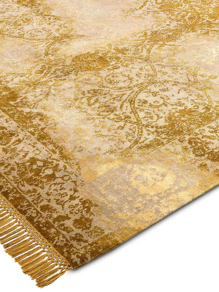 Gold Hand-Knotted Wool / Silk Rug ☞ Size: 183 x 274 cm