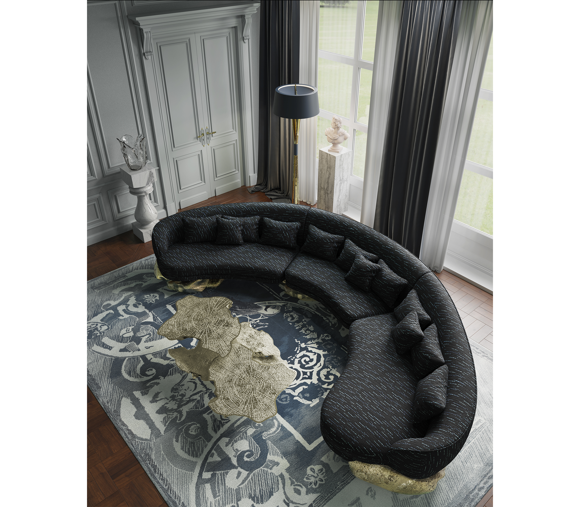 Angora Black Curved Luxe Sofa