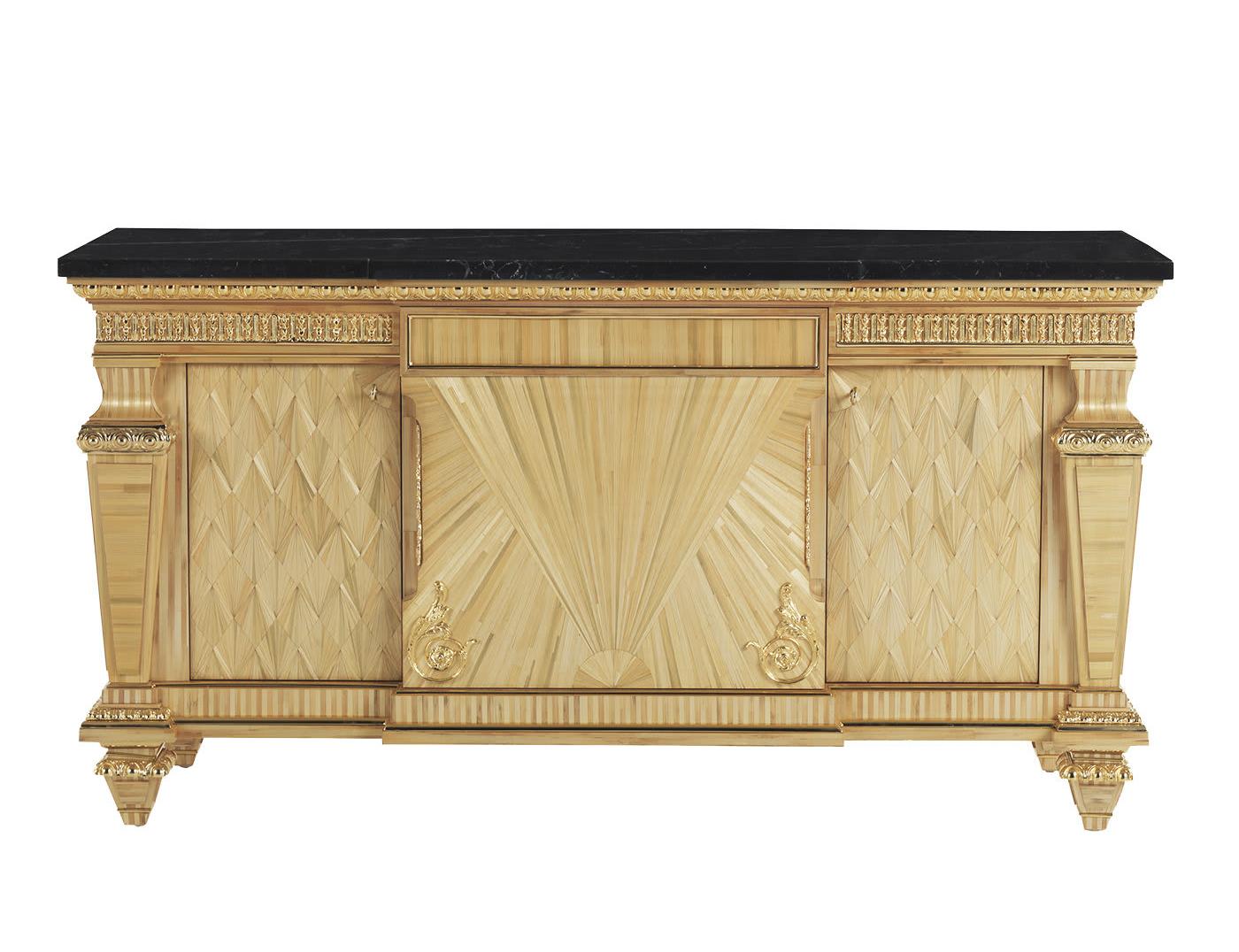 Natural Wood Handcrafted Sideboard with Marble Top