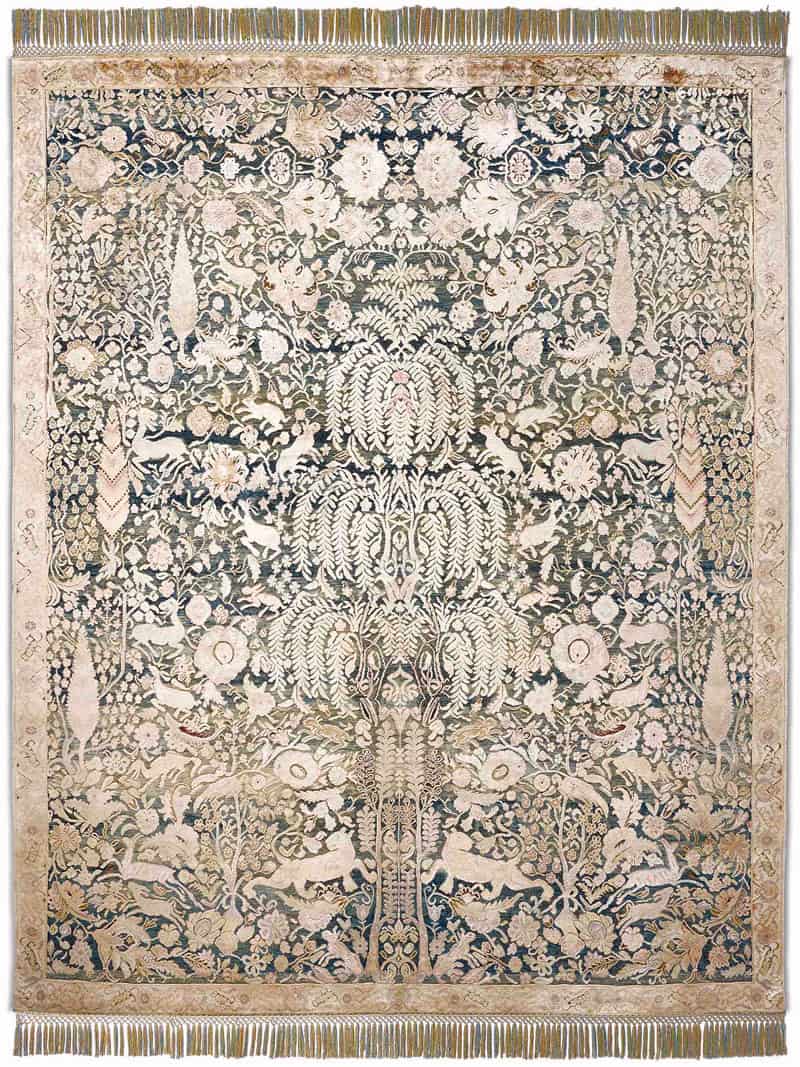 Gold / Blue Luxury Silk / Wool Rug ☞ Size: 274 x 365 cm