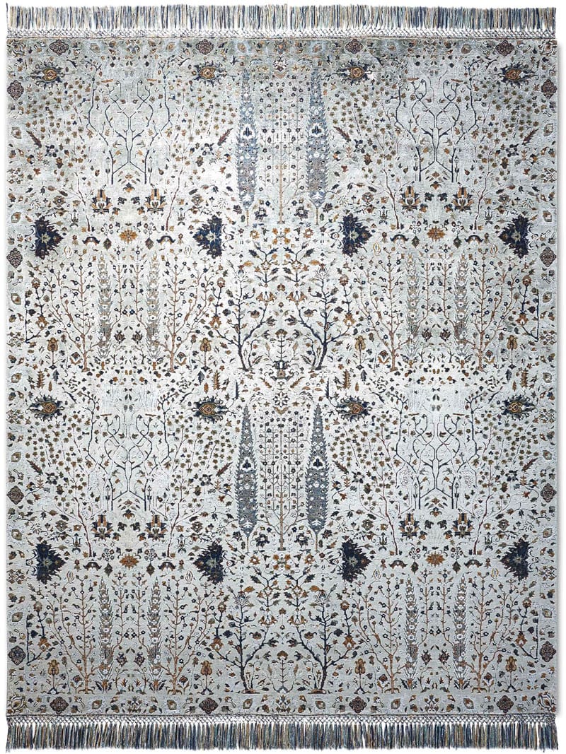 Pine Garden Silver Hand-Knotted Wool / Silk Rug ☞ Size: 140 x 210 cm