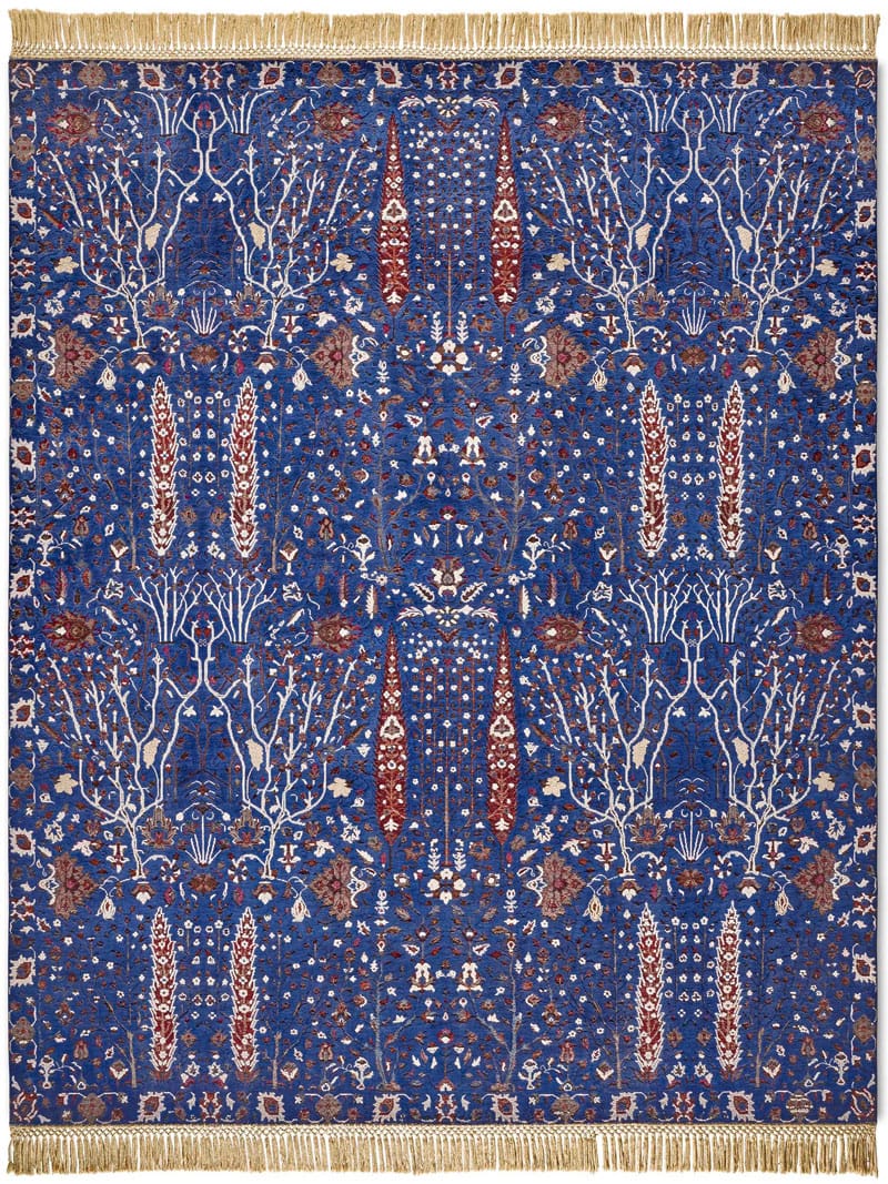 Pine Garden Blue Hand-Knotted Wool / Silk Rug | Size: 183 x 274 cm