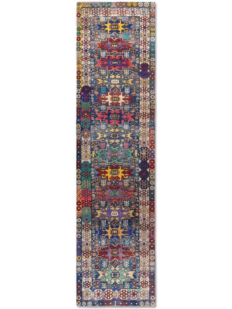 Original Natural Blue Hand-Knotted Wool Rug | Size: 100 x 300 cm
