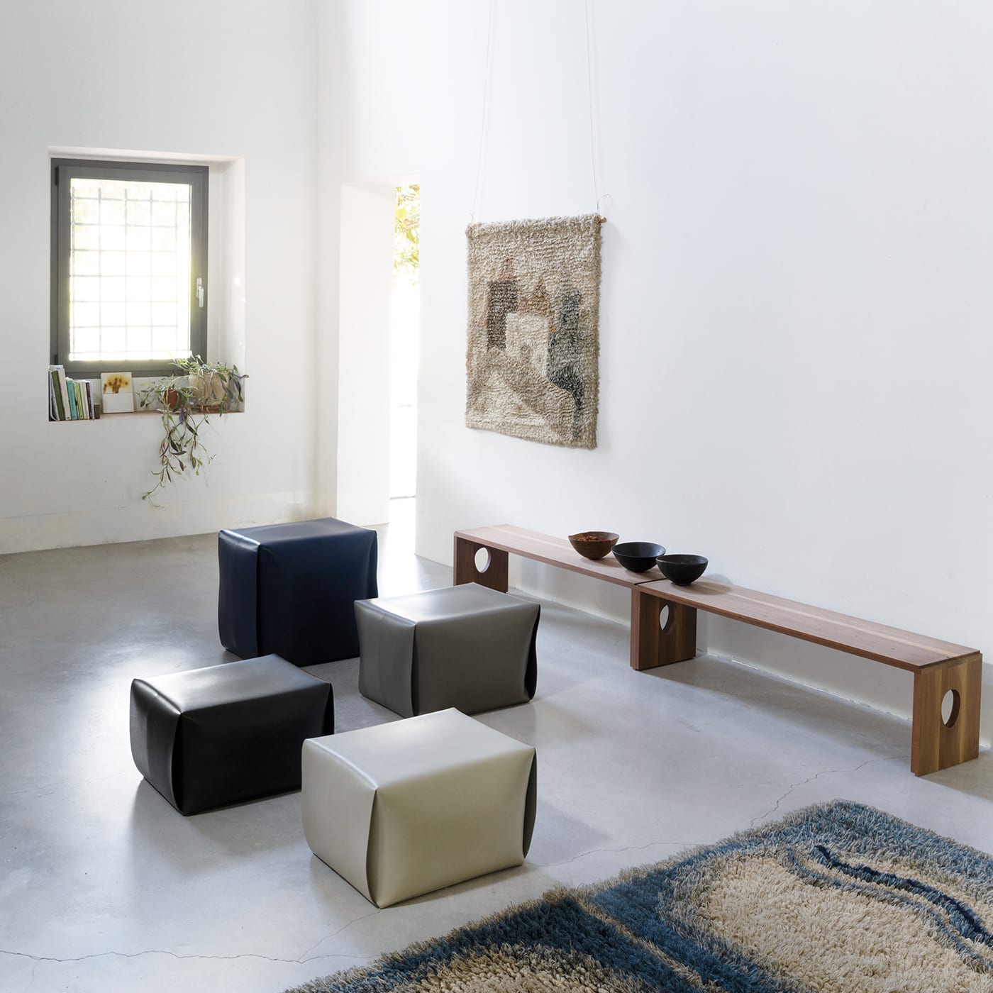 Big Bao Blue Leather Ottoman