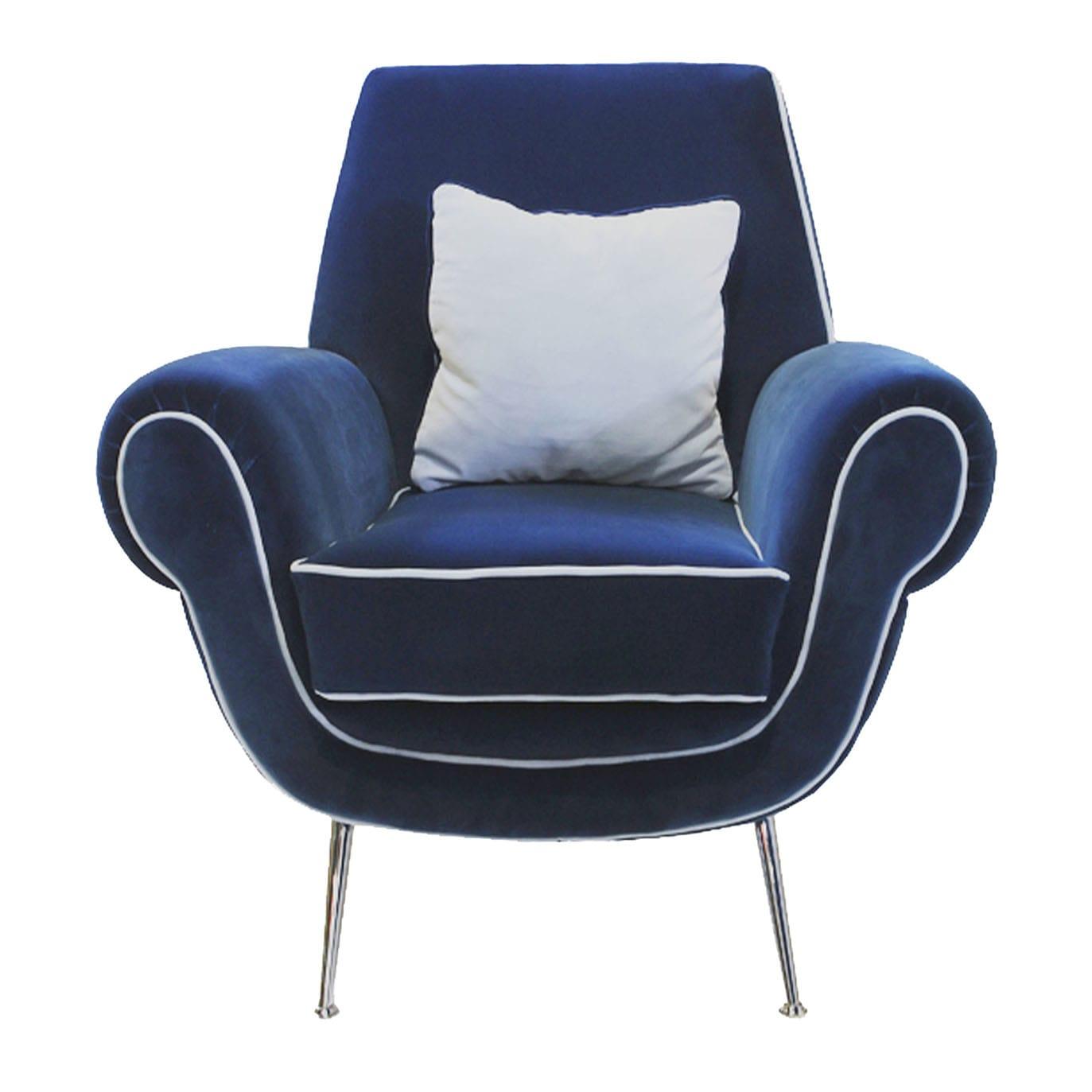 Velvet Deep Blue Armchair on Metal Base
