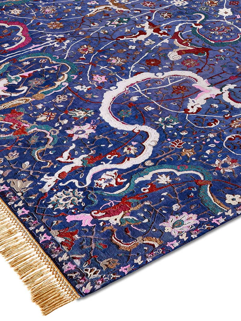 Tabriz Navy Blue Hand-Knotted Wool / Silk Rug ☞ Size: 122 x 183 cm