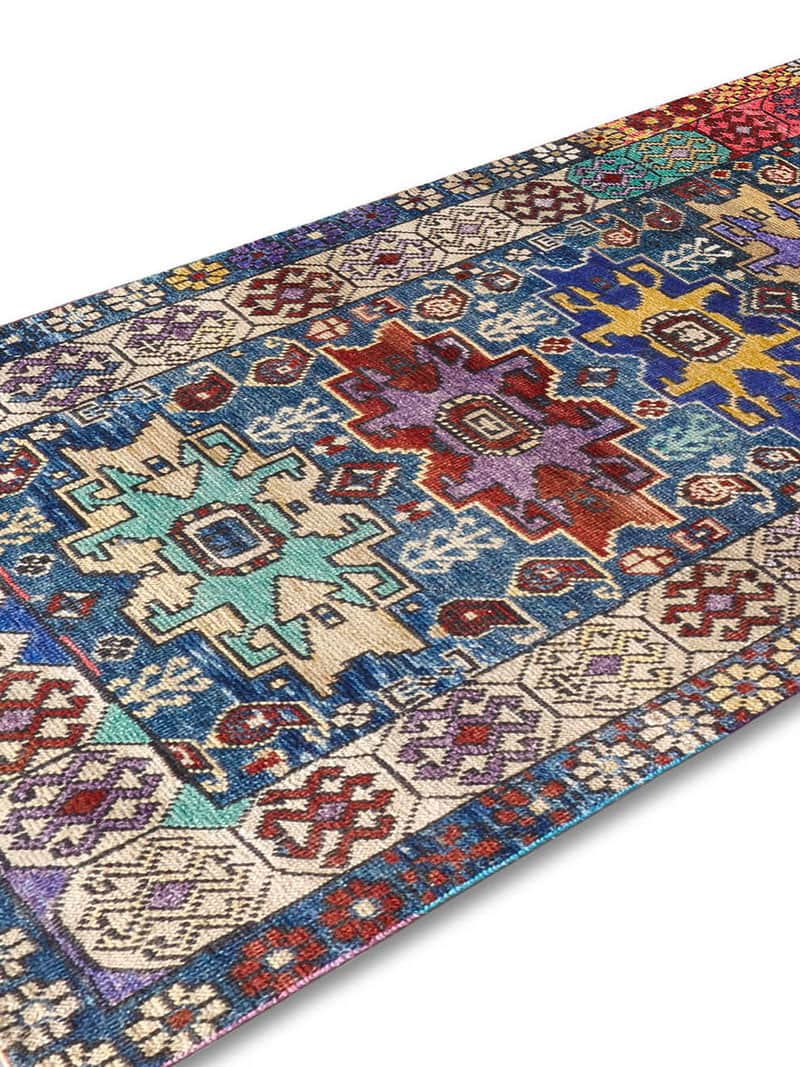Original Natural Blue Hand-Knotted Wool Rug ☞ Size: 100 x 300 cm