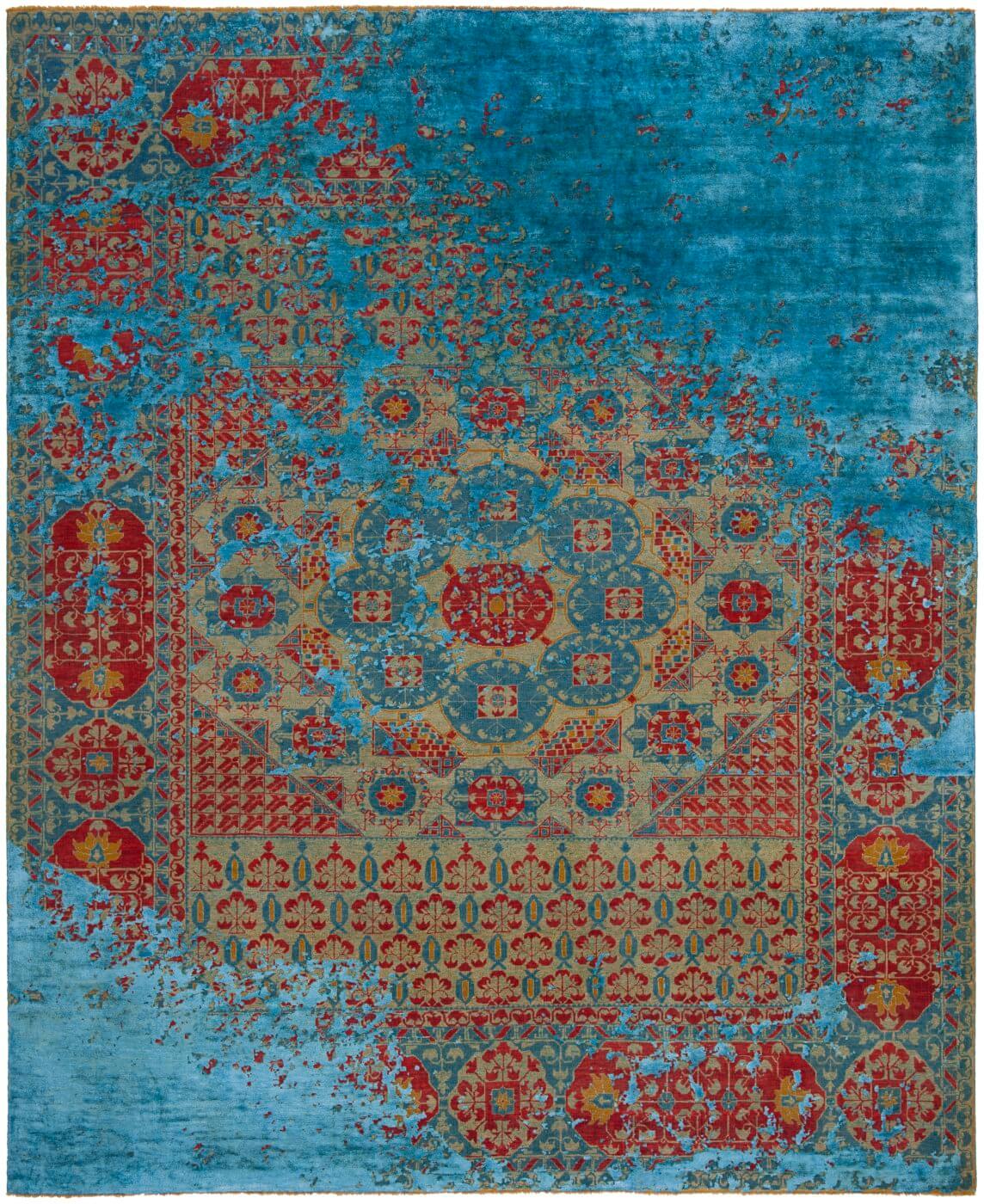 Turquoise / Red Hand-woven Wool / Silk Luxury Rug