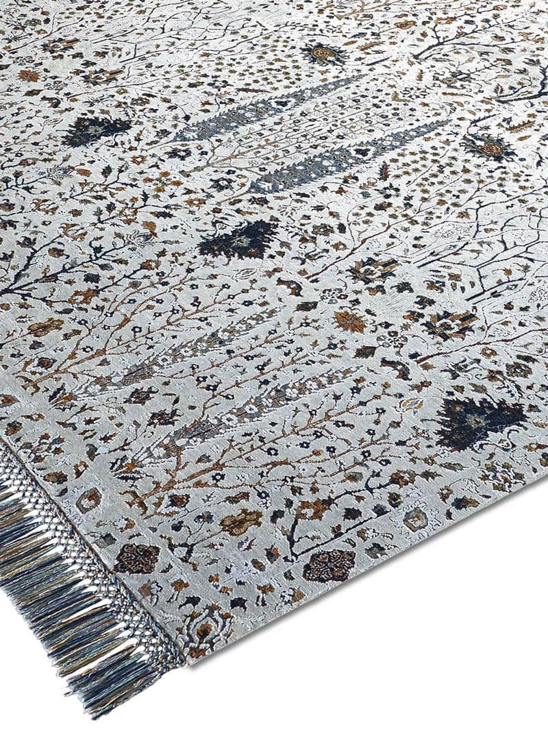 Pine Garden Silver Hand-Knotted Wool / Silk Rug ☞ Size: 140 x 210 cm